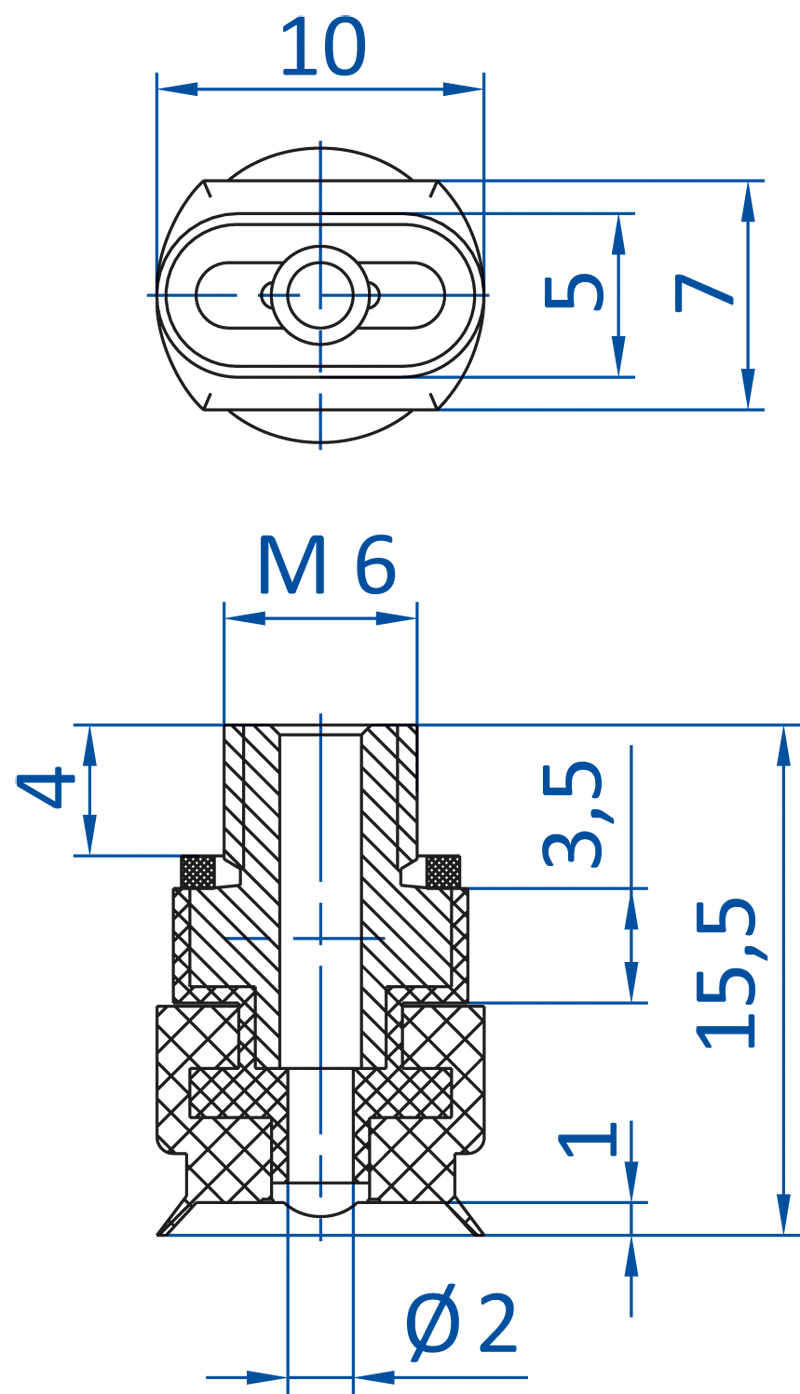 Размер овальной вакуумной присоски FIPA серии SO-E 130.10x5.071
